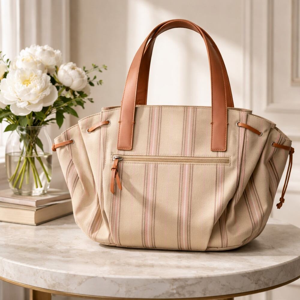 PROGRÈS Striped Canvas Tote Bag Faux Leather Handles Pink Gray Shoulder Purse